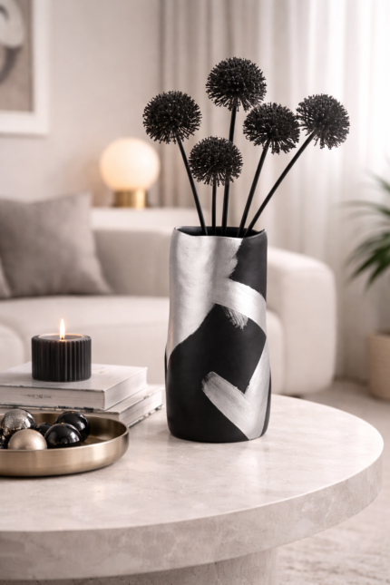 Black Decorative Vase with Silver Accent UAE | Modern Luxury Decor