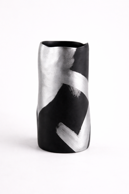 Black Decorative Vase with Silver Accent UAE Modern Luxury Decor