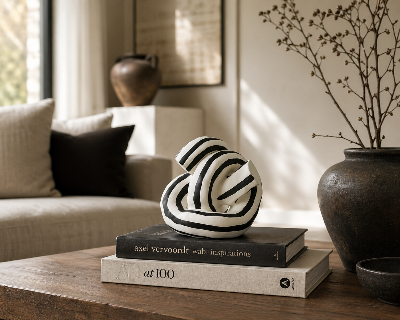 Twisted Motion – Black and White Striped Sculpture