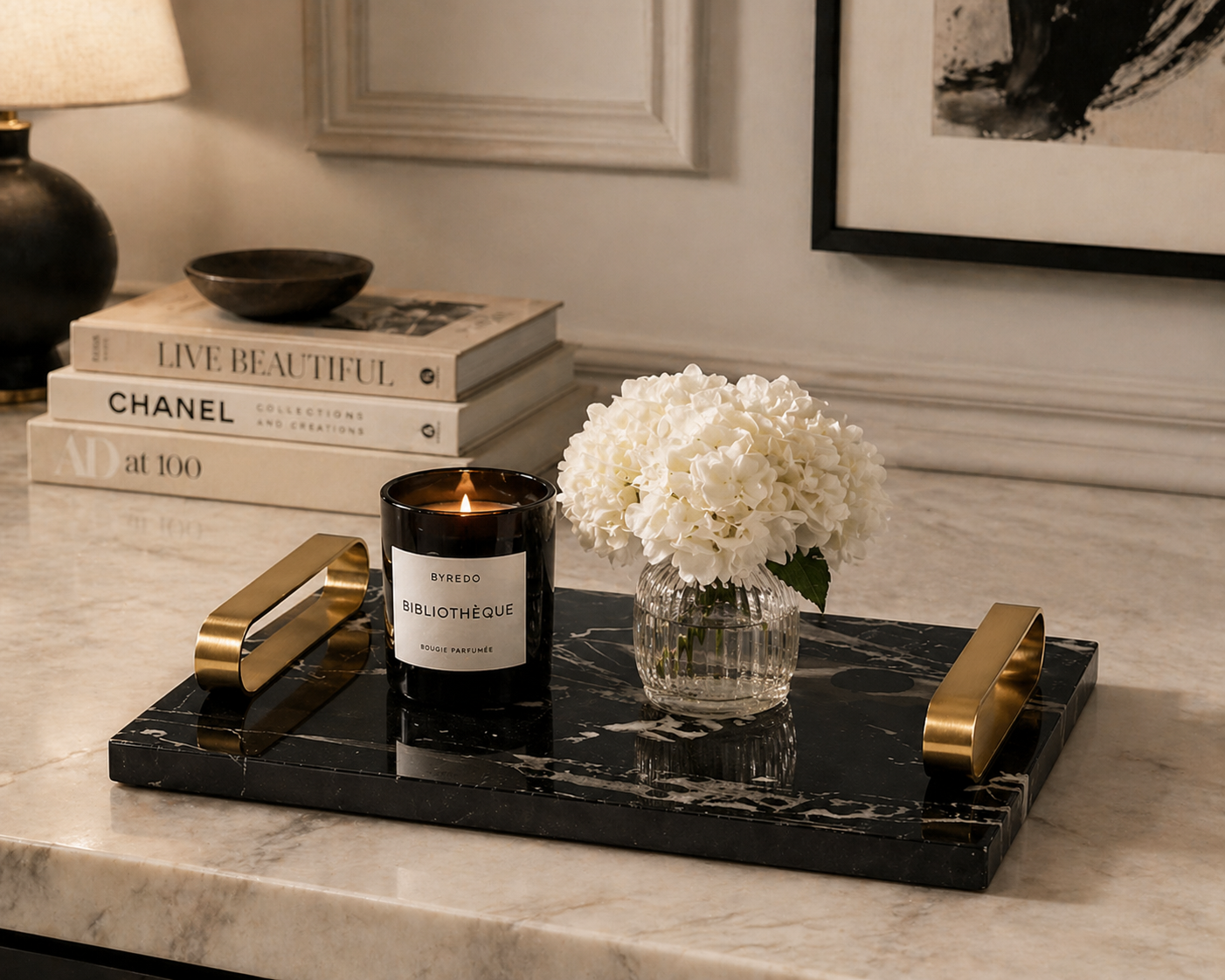 Black Marble Tray with Gold Handles – Luxury Decor UAE