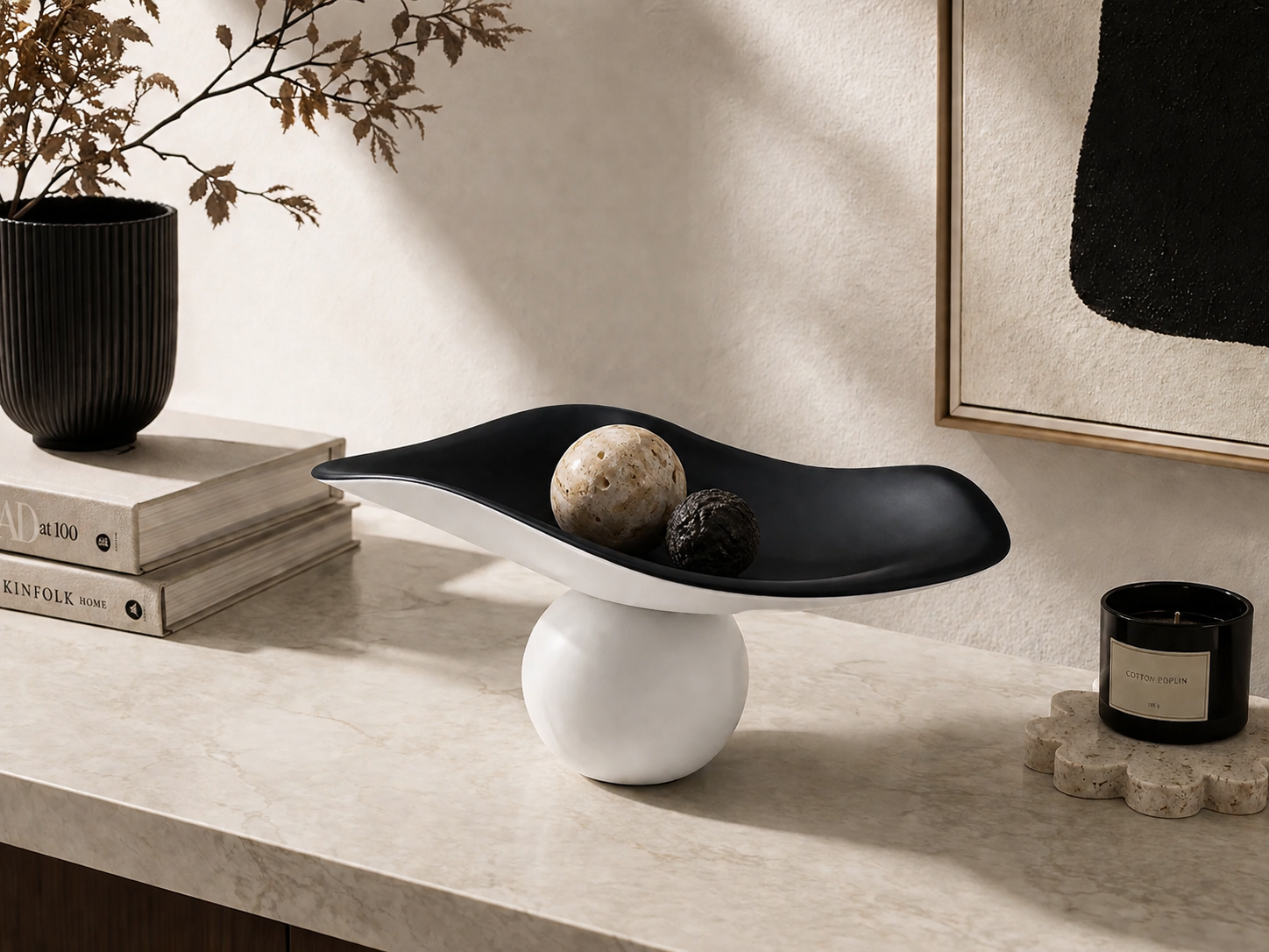 Black White Pedestal Tray – Sculptural Modern Decor UAE