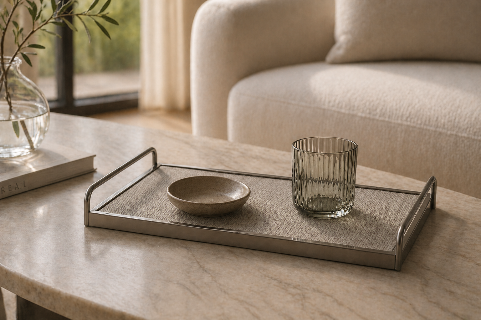 Elegant Woven Tray – Beige Leather Contemporary Tray