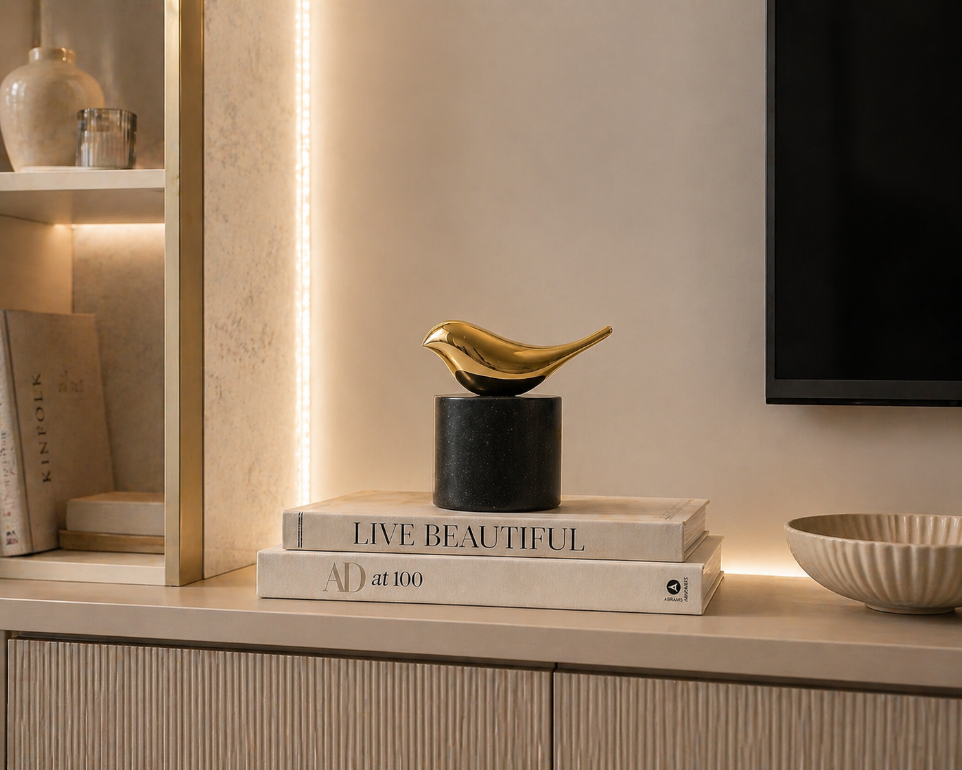 Golden Bird Sculpture Black Marquina Base UAE