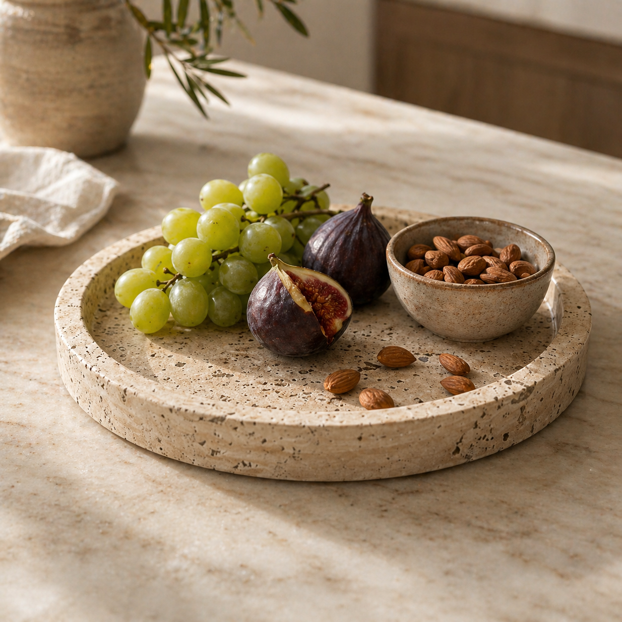 Mizu Round Travertine Tray – Japandi Minimalist Decor UAE