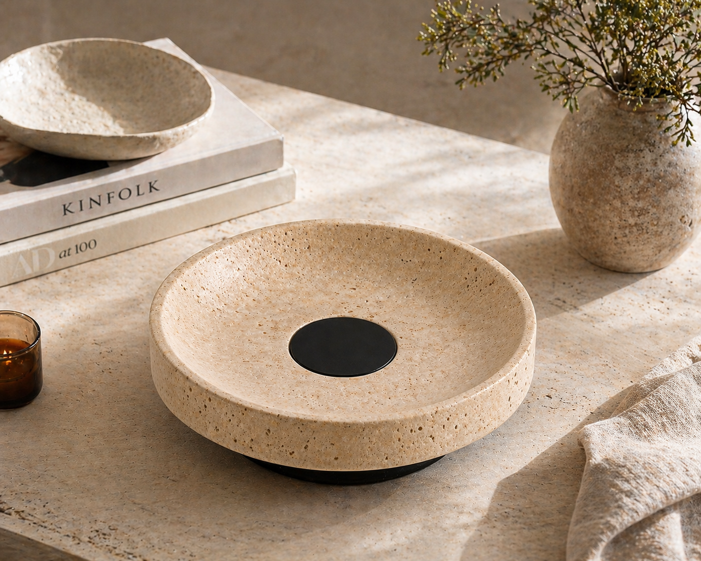 Travertine Wabi Sabi Bowl – Natural Stone Decor UAE