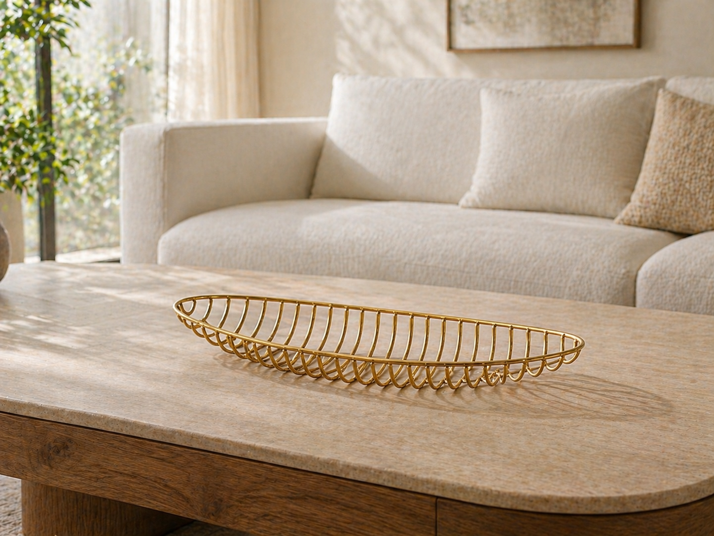 Sculptural Gold Serving Basket Tray – Modern Centerpiece Decor UAE