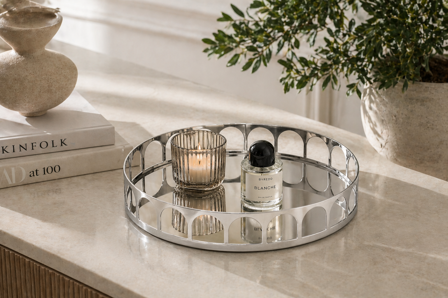 Polished Steel Geometric Tray – Modern Sculptural Decor UAE