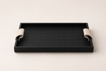 Textured Black Serving Tray with Leather Handles – Modern Luxury Decor UAE