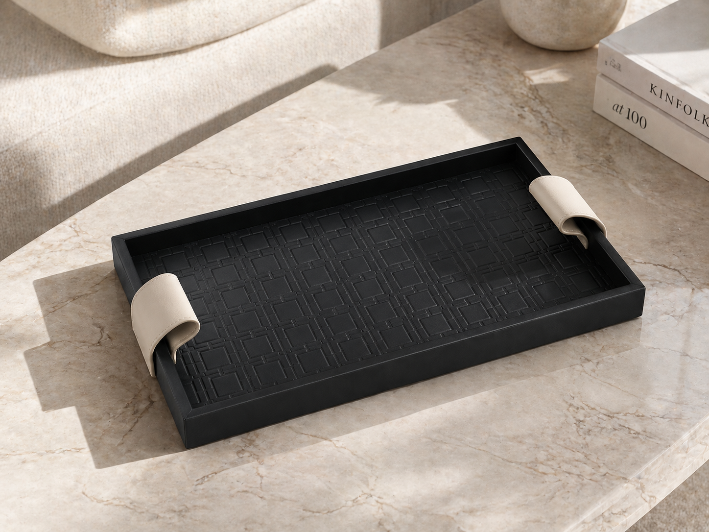 Textured Black Serving Tray with Leather Handles – Modern Luxury Decor UAE