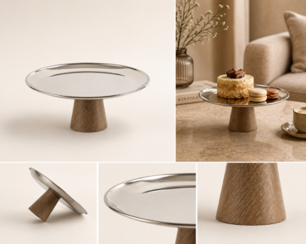 Modern Fusion Pedestal Tray – Stainless Steel & Wood