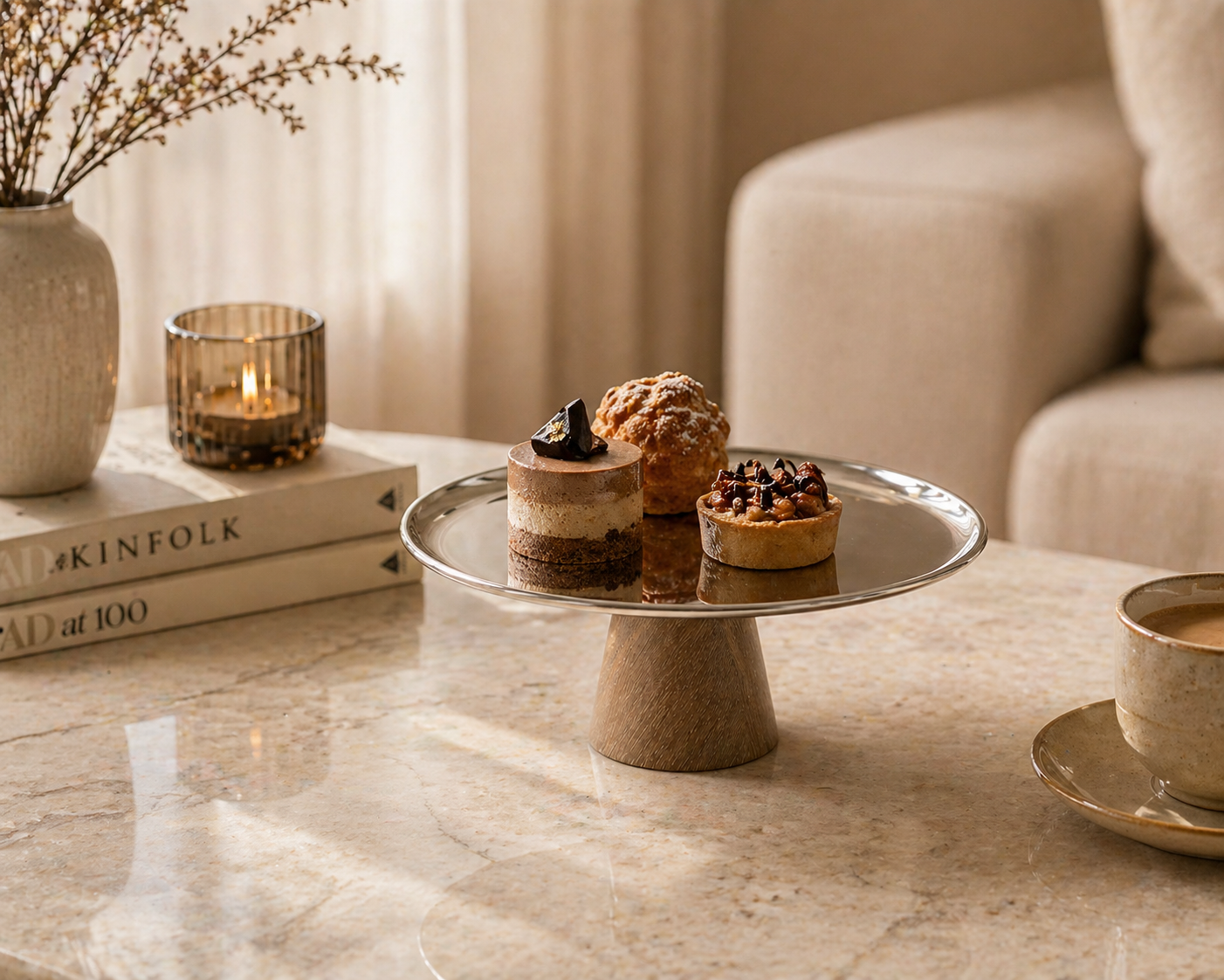 Modern Fusion Pedestal Tray – Stainless Steel & Wood