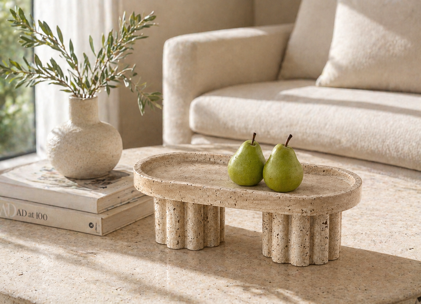 Zen Pillar Travertine Tray – Wabi Sabi Stone Decor UAE