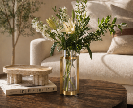 Amber Glass Cylinder Vase with Gold Frame UAE | Modern Layered Design