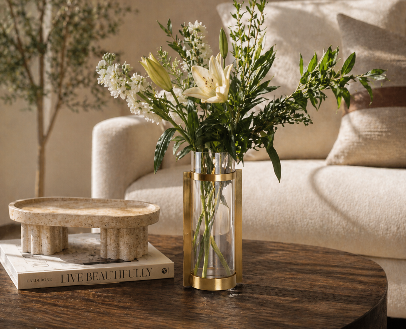 Amber Glass Cylinder Vase with Gold Frame UAE | Modern Layered Design
