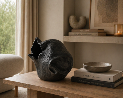Black Organic Carved Sculptural Vase UAE | Modern Wabi-Sabi Design