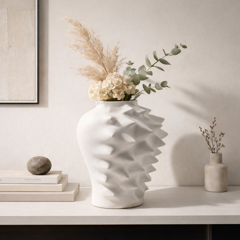Modern white sculptural vase with textured ripple design for luxury interiors