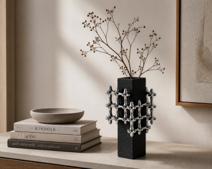 Black Decorative Vase with Silver Cluster Accent UAE | Modern Sculptural Decor