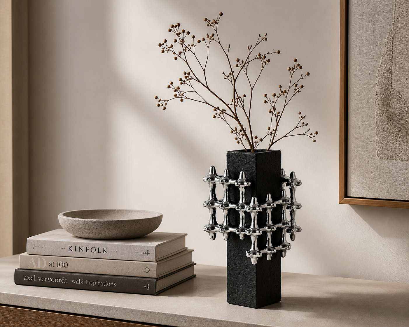 Black Decorative Vase with Silver Cluster Accent UAE | Modern Sculptural Decor