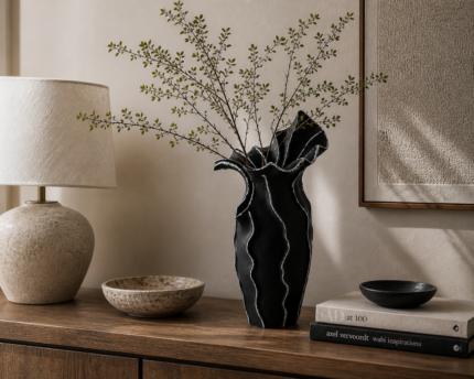 black sculptural bloom vase UAE styled as a luxury statement centerpiece