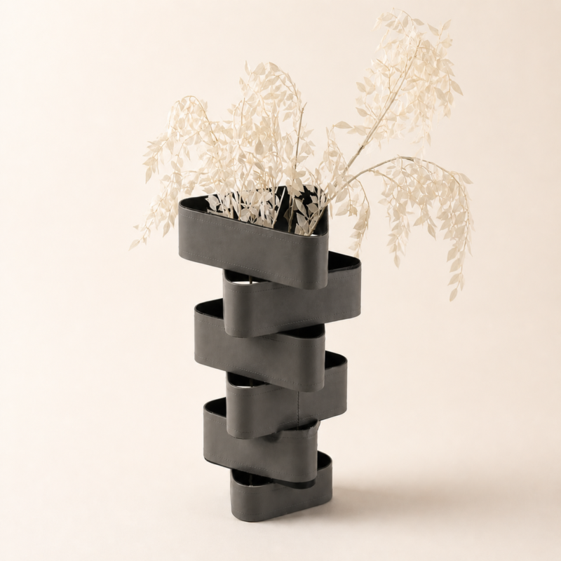 Grey Leather Sculptural Vase UAE | Modern Layered Design