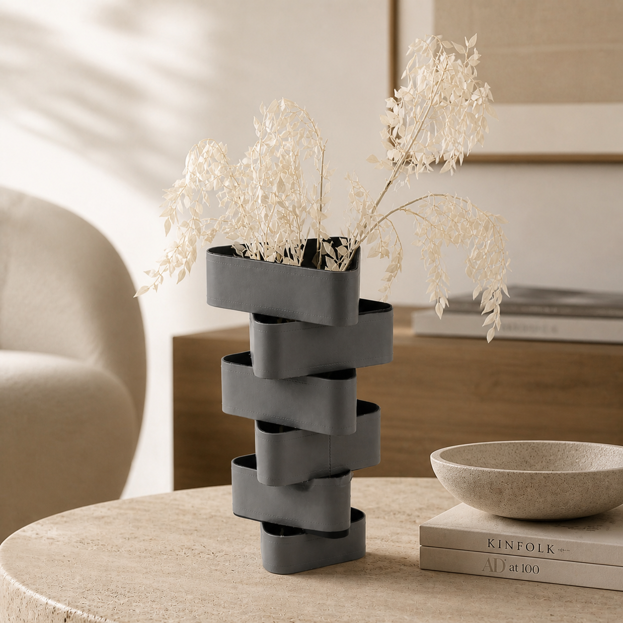 Grey Leather Sculptural Vase UAE | Modern Layered Design