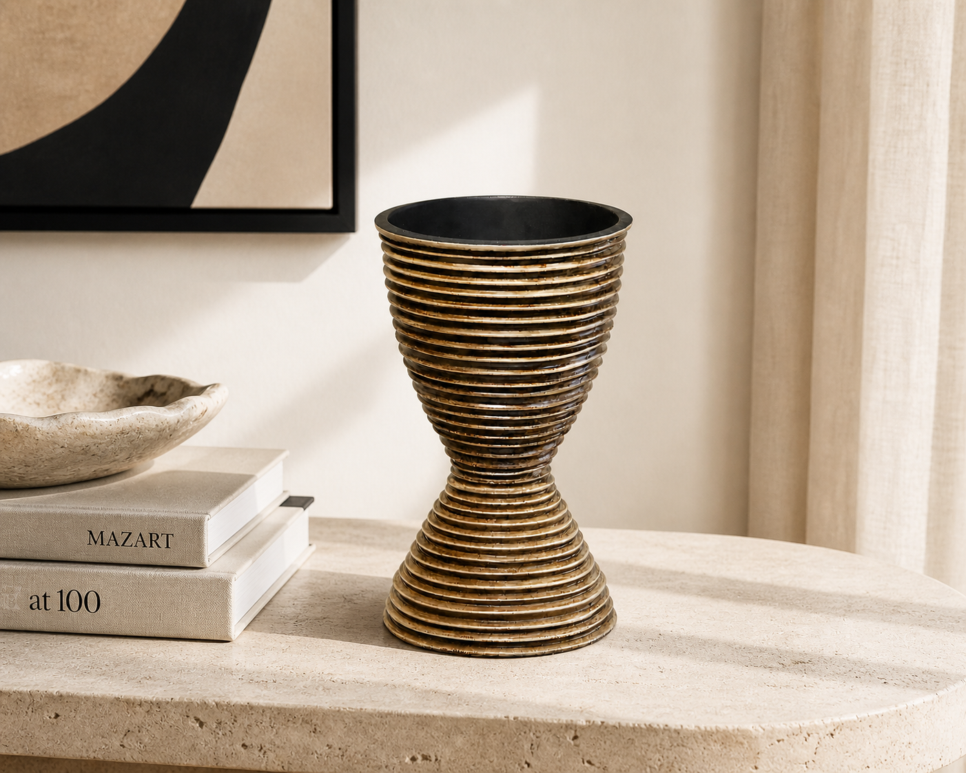Terracotta Layered Sculptural Vase UAE | Modern Strata Hourglass Design