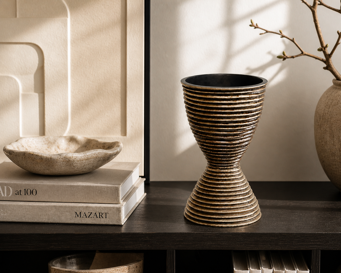 Terracotta Layered Sculptural Vase UAE | Modern Strata Hourglass Design