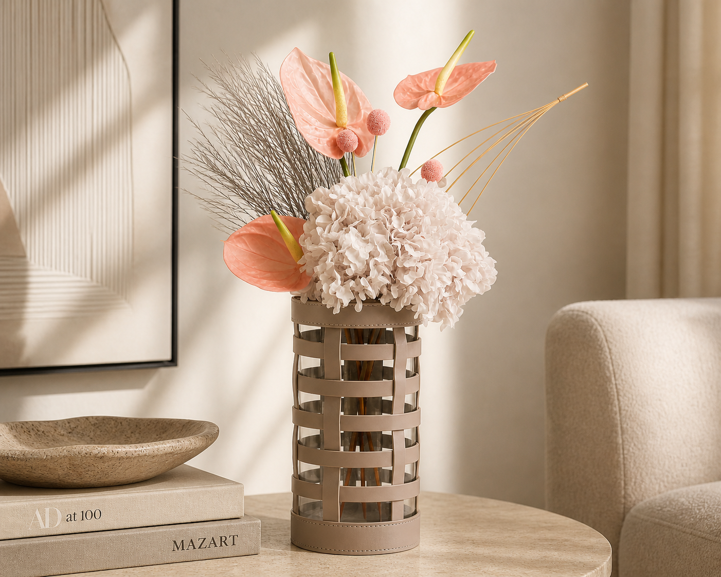 Taupe Leather and Glass Decorative Vase UAE | Modern Sculptural Decor