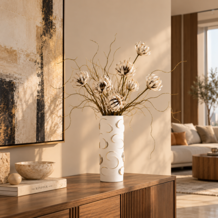 White Crescent Vase with sculptural lunar curve design – Mazart Home UAE
