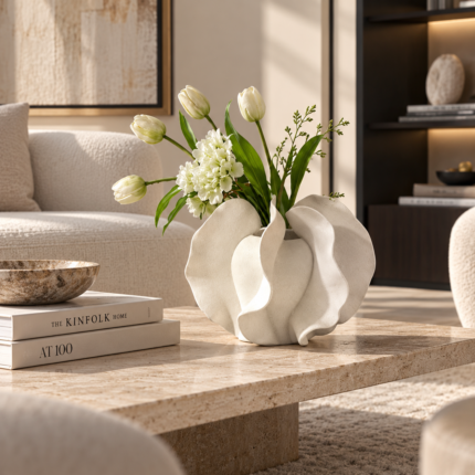 white draped organic sculptural vase