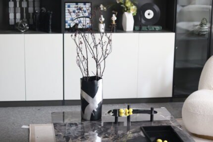 Stellar Arc Stainless Steel & Black Metal Tray – modern arched tray with black metal cylindrical legs.