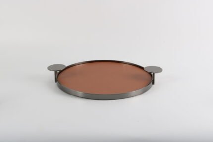 Round tray with leather base and gunmetal handles – rustic modern leather and metal serving tray
