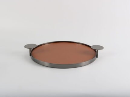 Round tray with leather base and gunmetal handles – rustic modern leather and metal serving tray