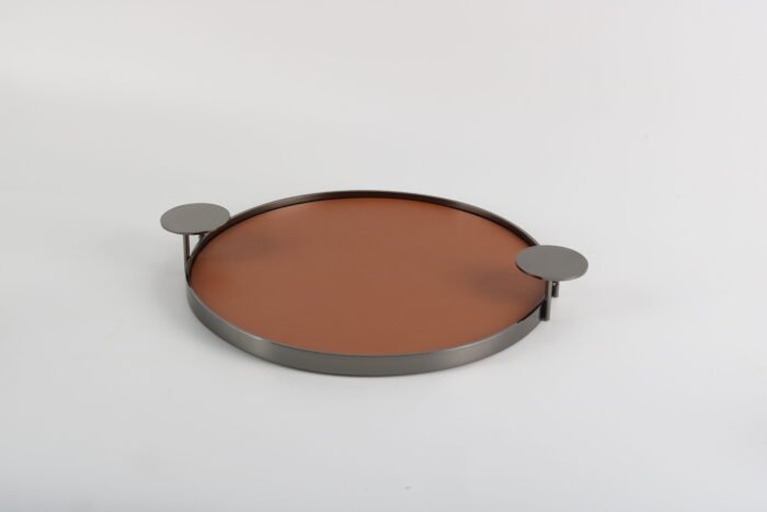 Round tray with leather base and gunmetal handles – rustic modern leather and metal serving tray