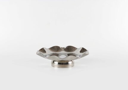 Modern reflective pedestal bowl with wavy edges, Liquid Metal design.