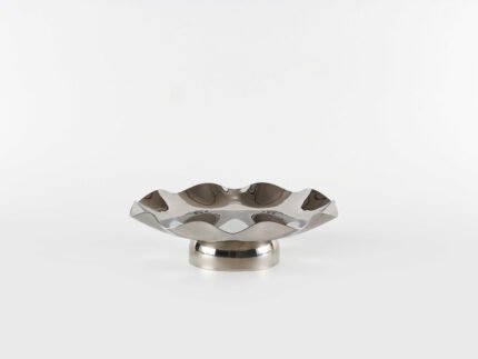 Modern reflective pedestal bowl with wavy edges, Liquid Metal design.