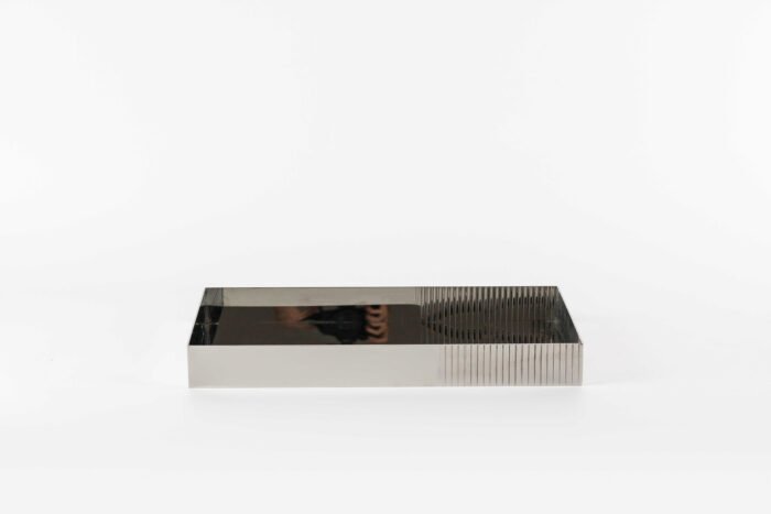 Onyx Reflection Stainless Steel Tray – rectangular stainless tray with black mirrored base and fluted sides.