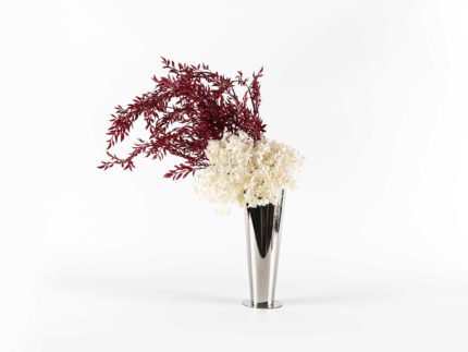 Tall silver sculptural vase with reflective finish and curved design – handcrafted for modern interiors