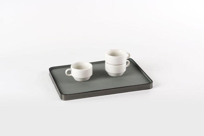 Graphite minimalist tray with textured surface and dark edge, Graphite Grid.
