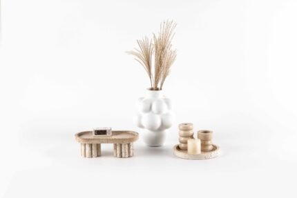 Mizu Round Travertine Tray – round beige travertine stone tray, Japandi minimalist style.