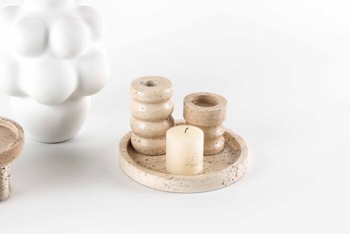 Mizu Round Travertine Tray – round beige travertine stone tray, Japandi minimalist style.