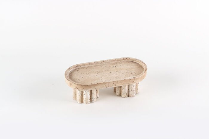 Zen Pillar Travertine Tray – oval travertine stone tray with pillar legs, wabi-sabi style.