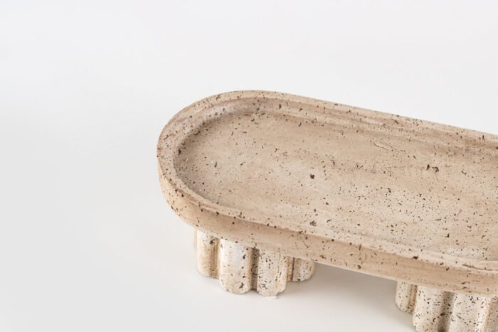 Zen Pillar Travertine Tray – oval travertine stone tray with pillar legs, wabi-sabi style.