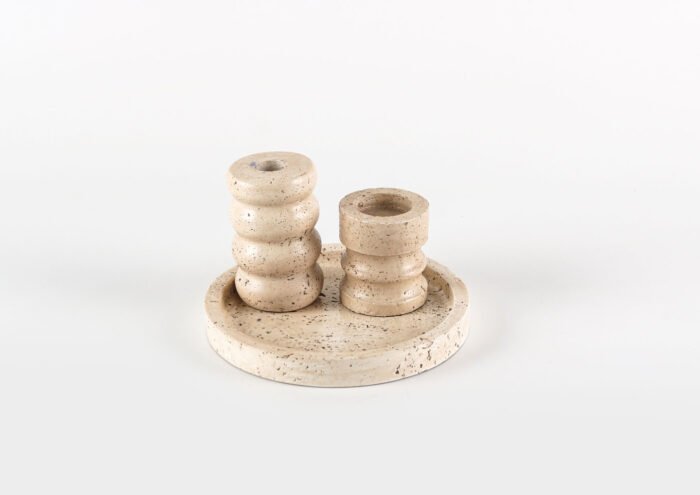 Mizu Round Travertine Tray – round beige travertine stone tray, Japandi minimalist style.