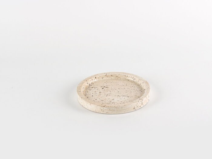 Mizu Round Travertine Tray – round beige travertine stone tray, Japandi minimalist style.