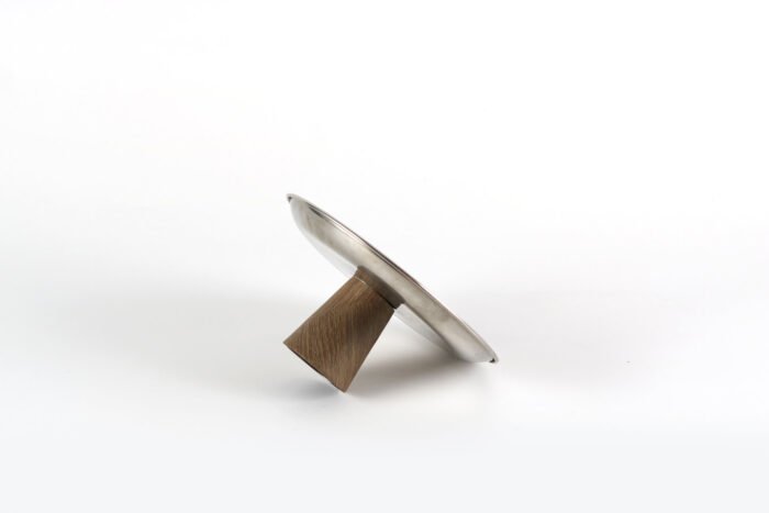 Modern fusion pedestal tray – stainless steel tray with wood base.