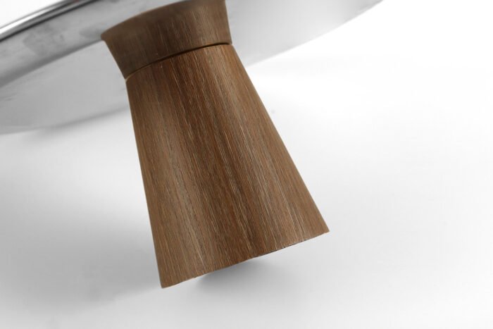 Modern fusion pedestal tray – stainless steel tray with wood base.