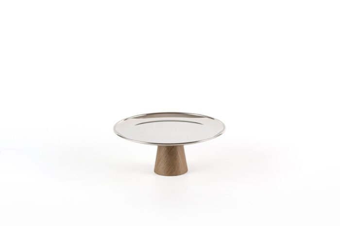 Modern fusion pedestal tray – stainless steel tray with wood base.