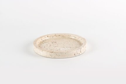 Mizu Round Travertine Tray – round beige travertine stone tray, Japandi minimalist style.