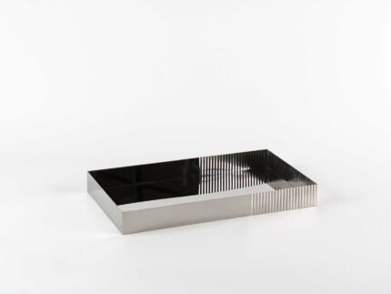 Onyx Reflection Stainless Steel Tray – rectangular stainless tray with black mirrored base and fluted sides.
